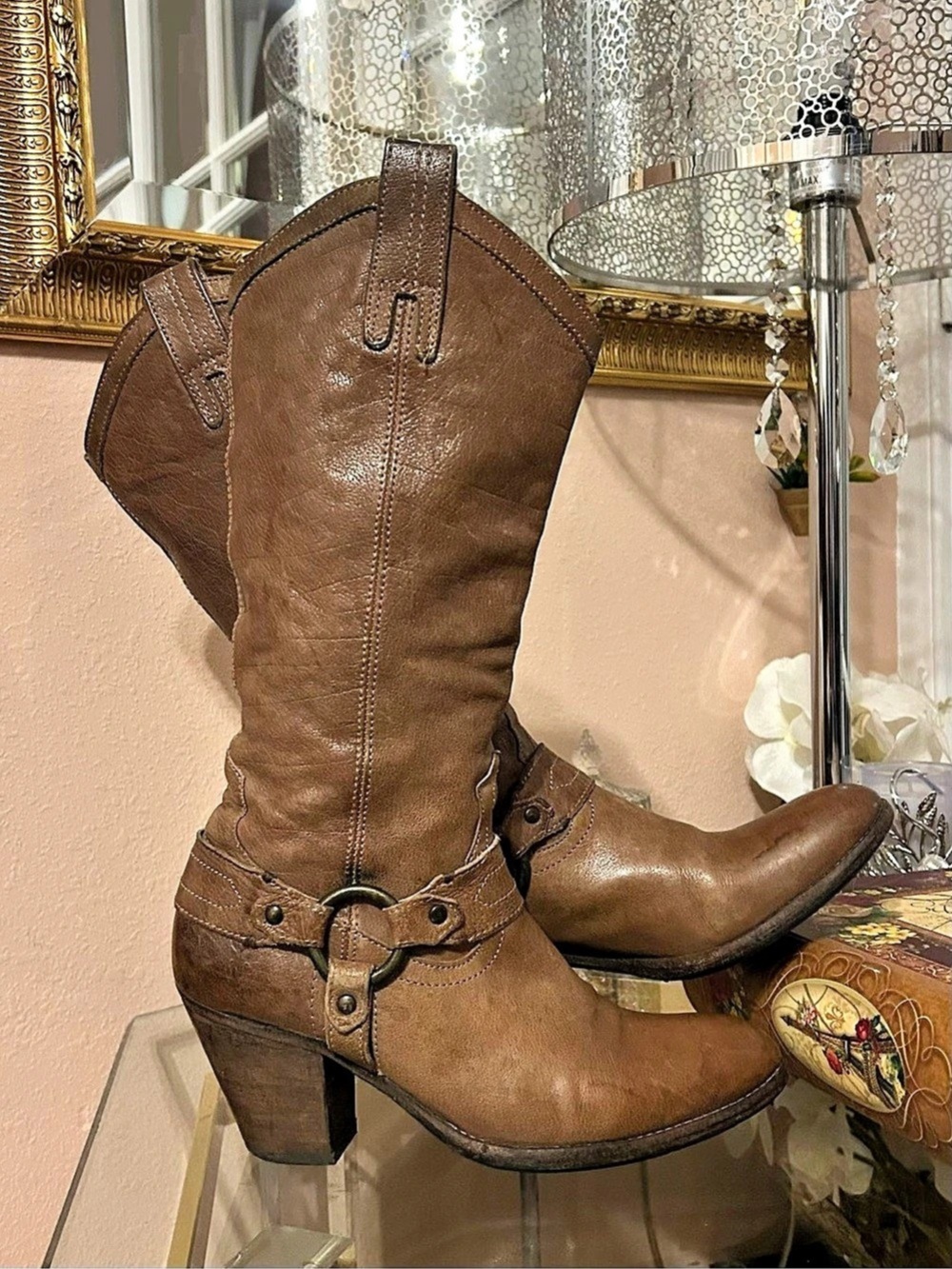Frye Harness 12R Harness Brown Leather Tall Heeled Western Boots Size US 7.5